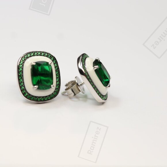 925 Sterling Silver Emerald-Tone CZ Stud Earrings • Elegant Green Sparkle Design - Picture 6 of 7